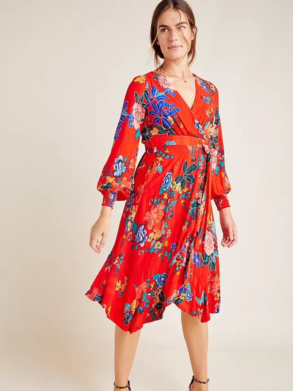 Anthropologie By Anthropologie Long-Sleeve Wrap Midi Dress Red & Blue Size 6